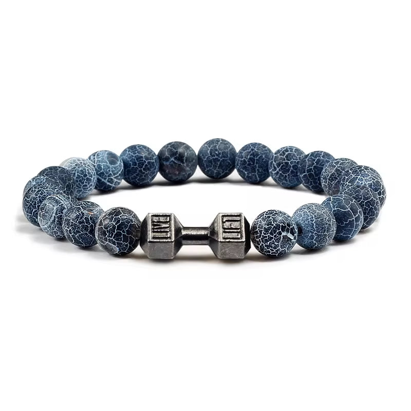 Natural Volcanic Stone Bracelet Men Matte Black Lave White Beads Charm Dumbbell Strand Bracelets Women Barbell Fitness Jewelry